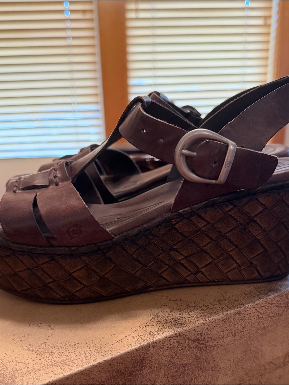 Born Brown Leather Wedge Sandals with Buckle Detail size 9